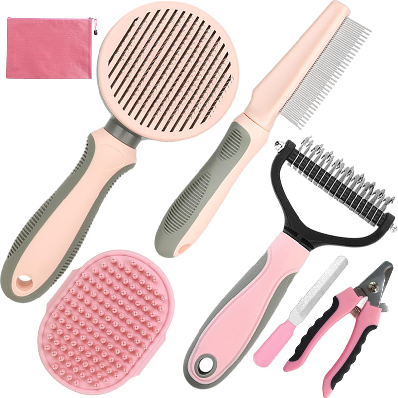 Dog Brush for Shedding,7 PCS Dog Grooming Brush Kit to De-fur,Dog Hair Slicker Deshedding Brush with Undercoat Rake Comb Bath Brush & Nail Clipper for Grooming Short Long Haired Dogs Cats Pink - PawsPlanet Australia