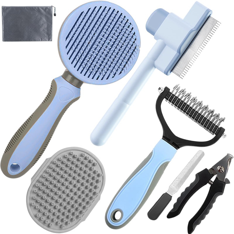 Dog Brush for Shedding,7 PCS Pet Grooming Brush Kit to De-fur & Hair Slicker Deshedding Brushes with Undercoat Rake Comb Bath Brush&Nail Clipper for Grooming Short Long Haired Dogs Cats Blue A-Blue - PawsPlanet Australia