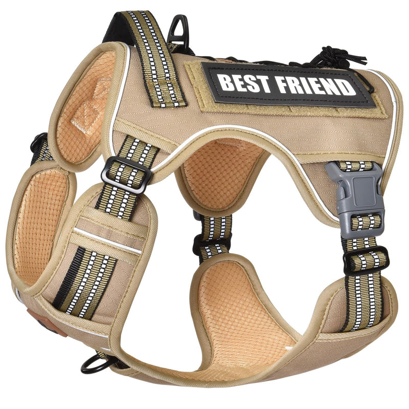 PET MARVEL Heavy Duty Dog Harness with Handle, No Pull Adjustable Outdoor Vest with Metal Buckles, MOLLE Panel & Reflective Strips for Medium Large Dogs XL(Neck:20-31",Chest:26-42") Brown - PawsPlanet Australia