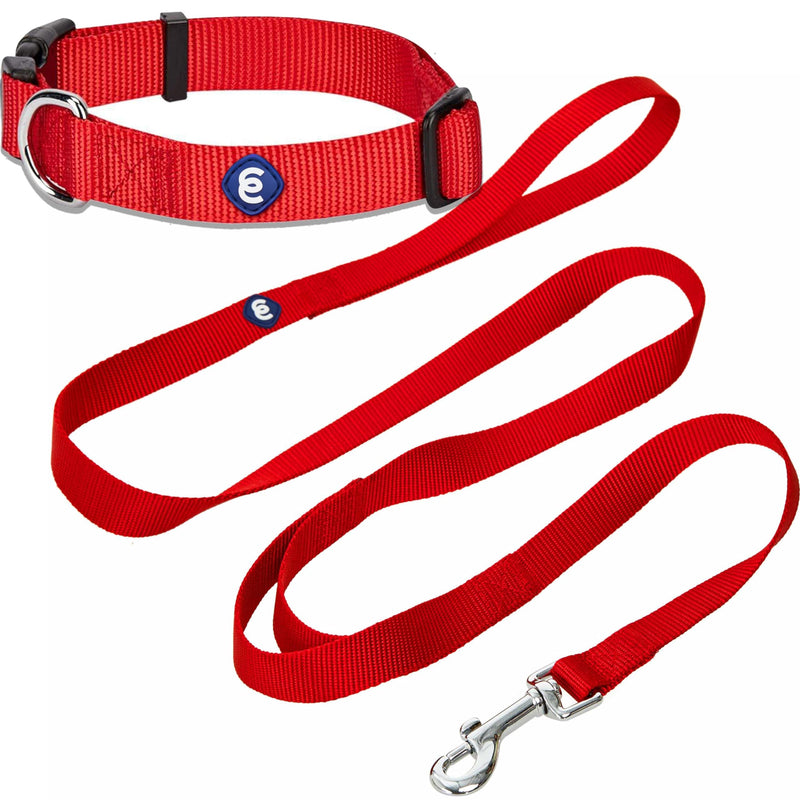 Blueberry Pet Essentials Matching Dog Collar and Double Handle Leash Set in Rouge Red, Adjustable Classic Solid Color Nylon Collar with 4 ft Leash for Large Dogs Rouge Red - Collar + Double Handle Leash