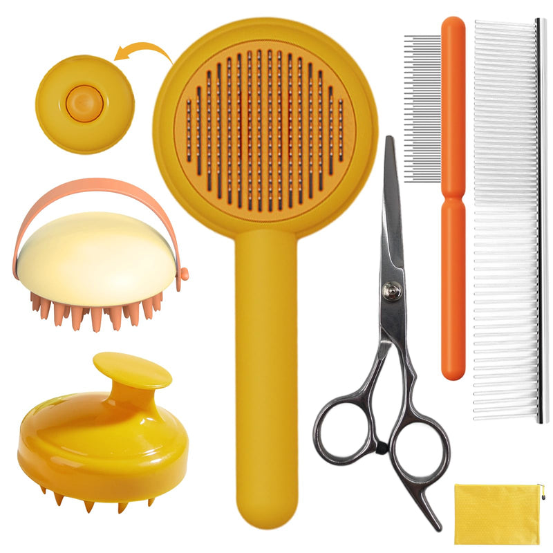 Dog Grooming Brush Set, 7 PCS Self-Cleaning Deshedding Hair Brushes for Short Long Haired Dogs Cats, Includes Scrubber Shower Wash Brush, Dematting Comb, Scissor - Yellow - PawsPlanet Australia