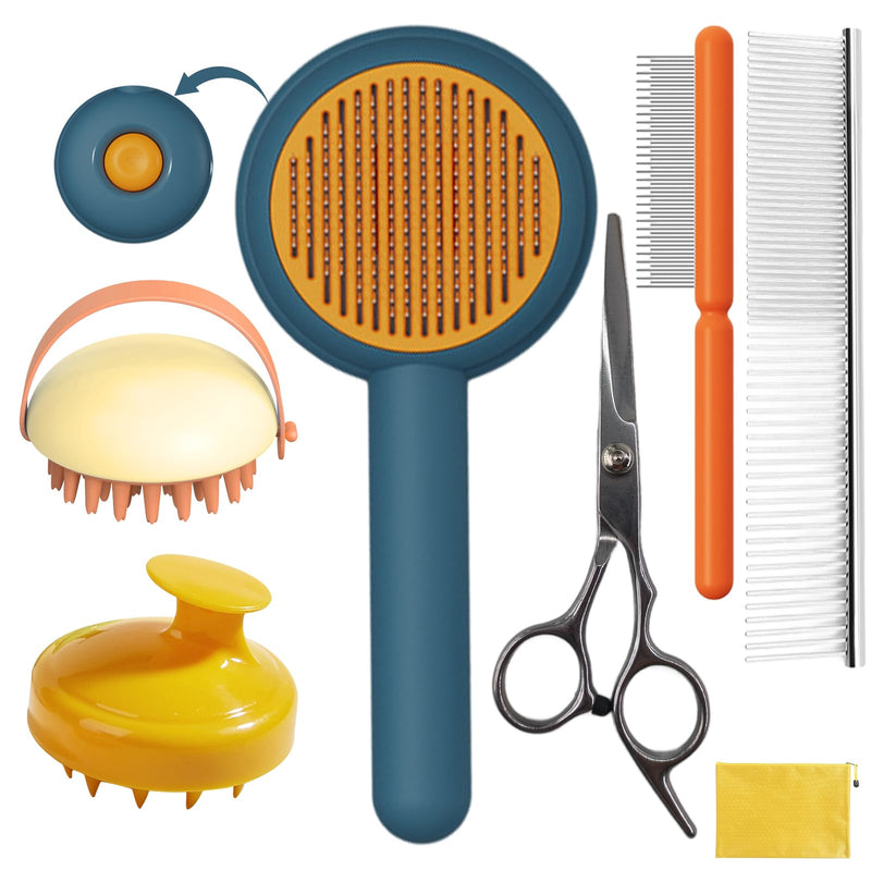 Dog Bath Brush Set,7 PCS Dog Slicker Deshedding Hair Brushes for Grooming Shedding，Dog Scrubber Shower Wash Brush for Short Long Haired Dogs Cats Bath,Dog Slicker Brush Dematting Comb Scissor Blue - PawsPlanet Australia