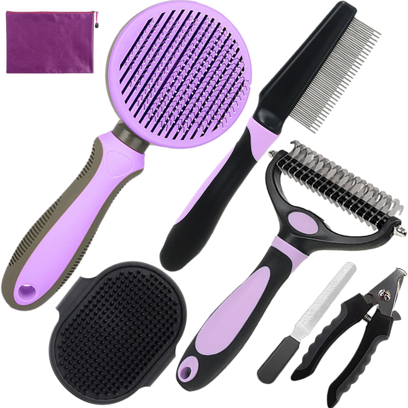 Dog Brush for Shedding, 7 PCS Dog Grooming Brush Kit Including Undercoat Rake, Slicker Brush, Dematting Comb, Nail Clipper, Bath Brush for Long & Short Haired Dogs, Cats - Purple A-Purple