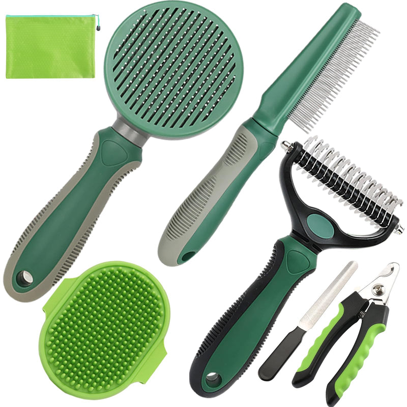 Pet Grooming Kit - 7 PCS Green Deshedding Brush Set with Undercoat Rake, Slicker Brush, Bath Brush & Nail Clipper for Short & Long-Haired Dogs and Cats A-Green - PawsPlanet Australia