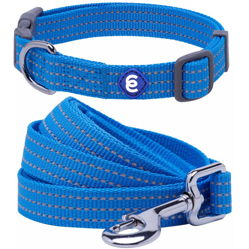 Blueberry Pet Essentials Reflective Better Basics Matching Dog Collar and Leash Set in French Blue, Adjustable Collar with 5 ft Leash for Small Dogs French Blue - Collar + Leash - PawsPlanet Australia