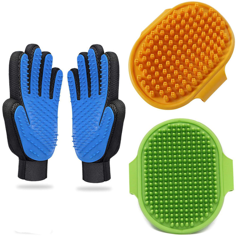 3PCS Pet Grooming Kit: Shampoo Massage Gloves, Hair Fur Remover for Bathing, Shedding Brush for Short & Long Fur Orange - PawsPlanet Australia