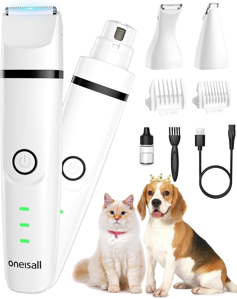 oneisall Paw Trimmer for Small Dogs Quiet, 4 in 1 Small Dog Grooming Kit, 2 Speed Dog Grooming Kit for Small Dogs, Cordless Small Dog Clippers, Quiet Dog Nail Grinder for Small Dogs(White) - PawsPlanet Australia