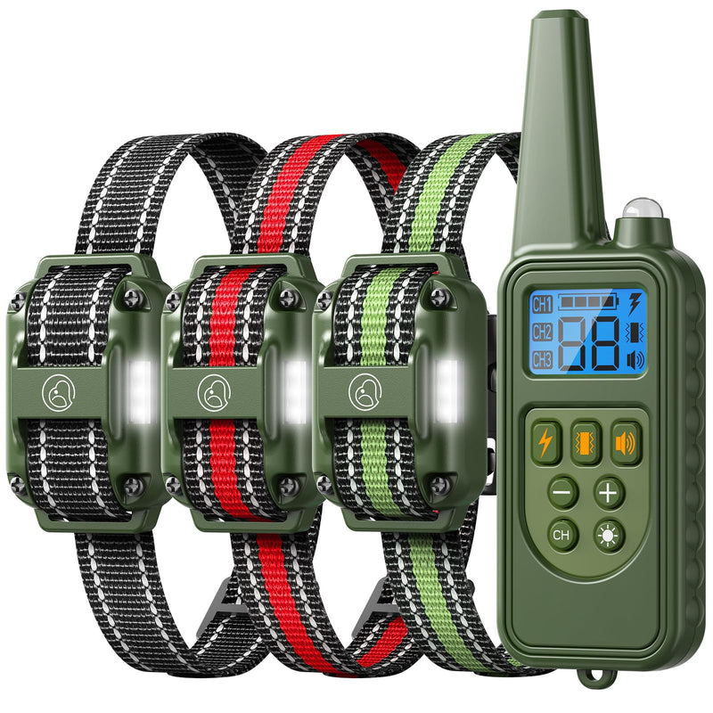 Dog Training Collar with Remote, 2600FT Range, 4 Training Modes Beep, Shake, Safe Shock, LED Light, Rechargeable IPX7 Waterproof for All Breeds Sizes, with Three Receiver Collars for 3 Dogs for 3 dogs (D8 Green) - PawsPlanet Australia