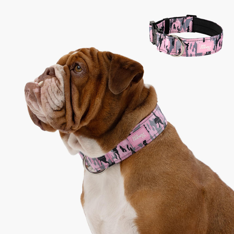 DF Co. Tactical Dog Collar | Comfortable & Secure with Quick Release Clip Buckle and Heavy Duty D-Ring | Soft Padded Neoprene, Chafe Resistant, Night-Time Visibility | Pink Camo, Size M Medium - PawsPlanet Australia