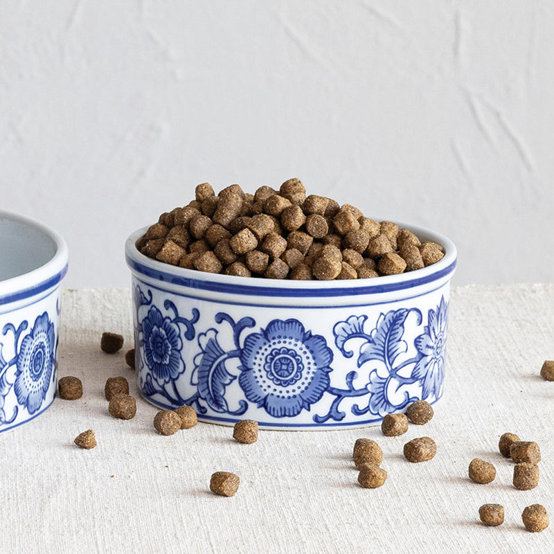 Creative Co-Op, Blue Stoneware Pet Bowl with Design, White, Large - PawsPlanet Australia