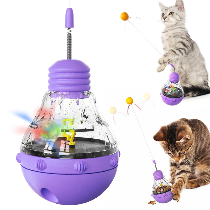 Cat Toys for Bored Indoor Adult Cats, 2 in 1 Cat Treat Dispenser Toy, Tumbler Interactive Cat Toys with Teaser Wand, Cat Food Dispenser - Ideal for Exercise and Boredom Relief (Purple) - PawsPlanet Australia