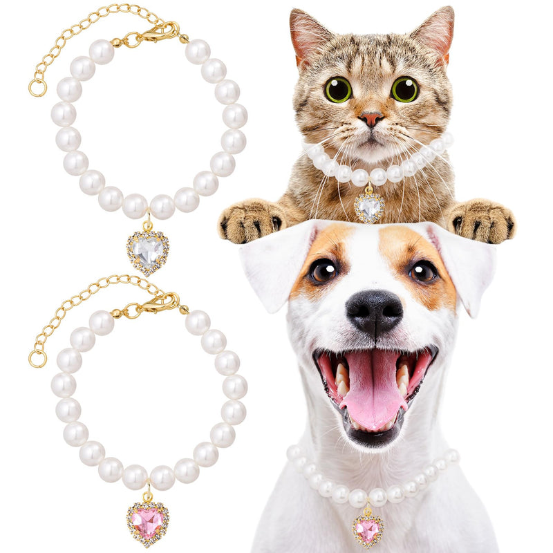 Cat Dog Pearl Necklace Collar 2pcs, Small Cat Collar Pear Dog Necklaces Cute Fancy Jewelry Accessories with Heart Shape Rhinestone White Pink Wedding Birthday Party for Puppy Pets Small Dogs - PawsPlanet Australia