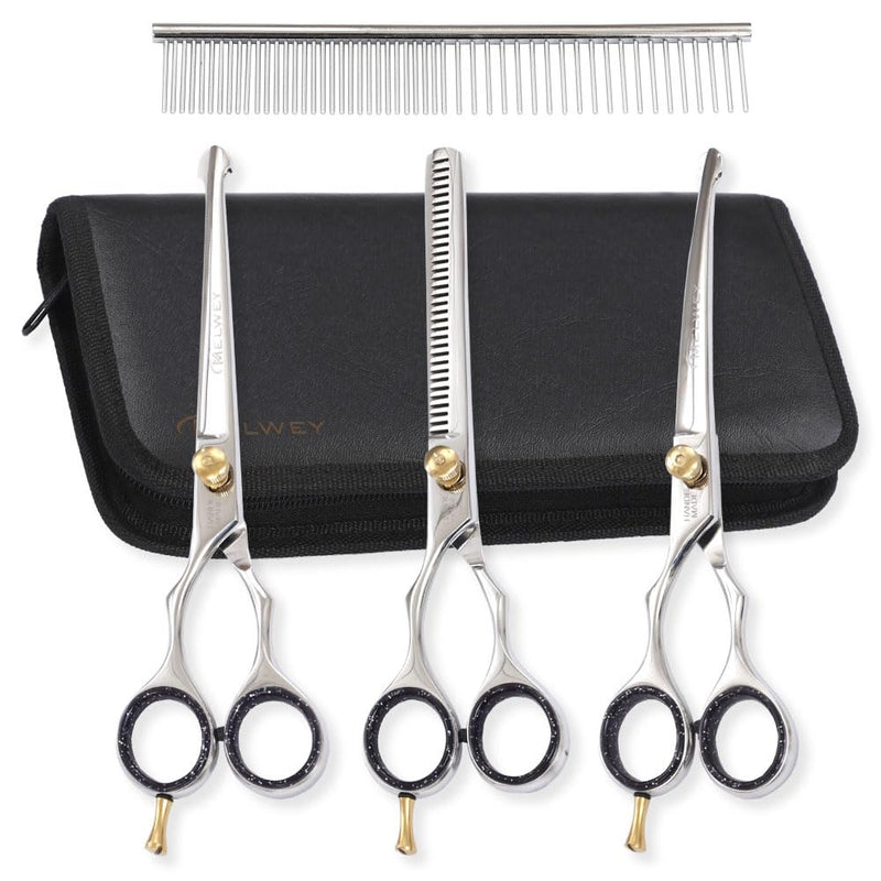Left-Handed Pet dog Grooming Scissors Set Pro-Grade Curved Shears for Dogs Cats - Precision Crafted Sharp Blades Comfort Grip - Ideal for Cutting Curving Thinning (LH Round Tip Kit) LH Round Tip Kit - PawsPlanet Australia