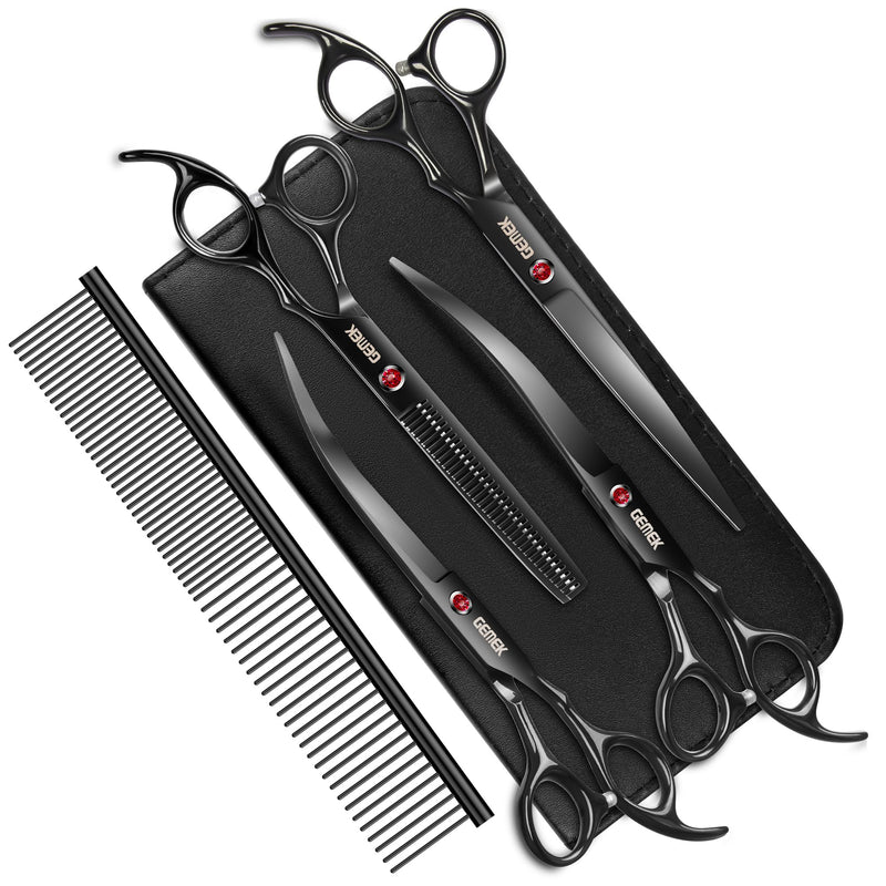 7.0in Titanium Professional Dog Grooming Scissors Set, GEMEK 6 in 1 Straight & Thinning & Upwards Curved & Downwards Curved Scissors & Comb for Dogs, Cats and Other Animals Black 7inch - PawsPlanet Australia