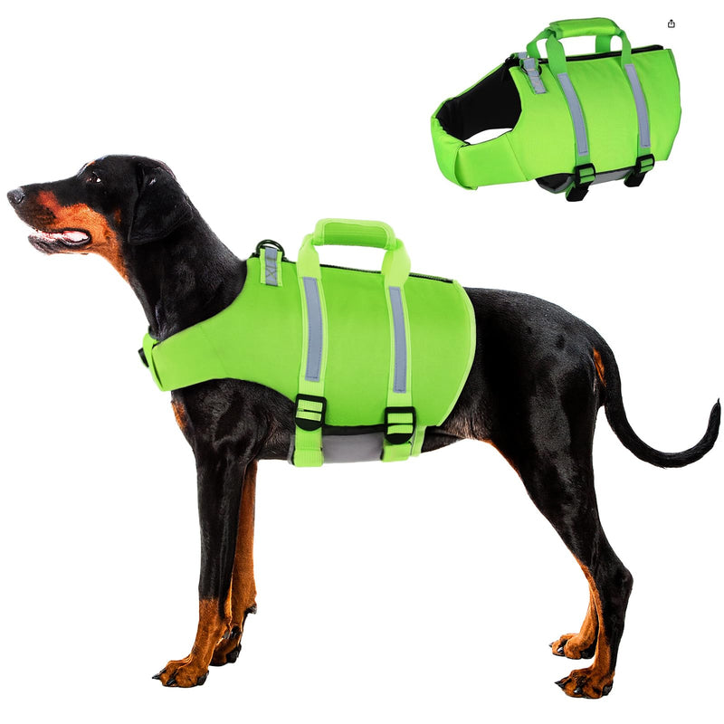 SAWMONG Dog Life Jacket,Dog Swimming Vest with Ripstop and High Flotation for Small Medium Large Dogs,Reflective Lightweight Dog Life Preserver with Rescue Handle for Swimming Boating Green L - PawsPlanet Australia