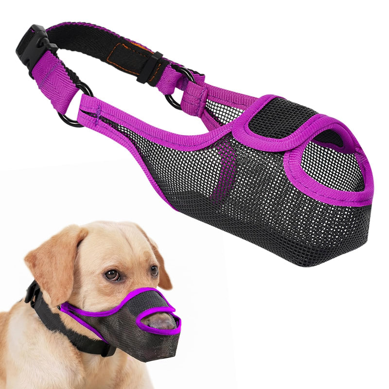 LUCKYPAW Dog Muzzle, Mesh Muzzle for Large Medium Small Dogs with Front Opening Design, Dog Mouth Cover to Prevent Biting, Licking, Chewing, Scavenging, Allows Drinking Panting(Purple,S) Purple S-Snout:7¾-8¾" - PawsPlanet Australia