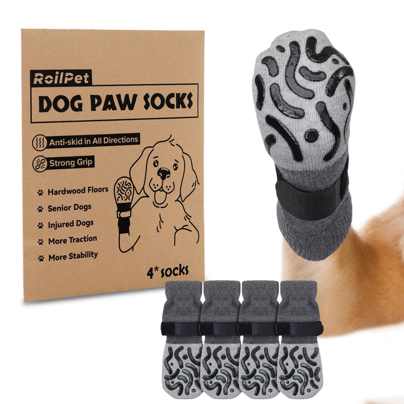 Double Sides Non-Slip Dog Socks to Prevent Licking Paws - Strong Traction for Hardwood Floors, Senior Dogs, Paw Protector, Dog Socks with Grippers - Size Large Grey Large(Pack of 4)
