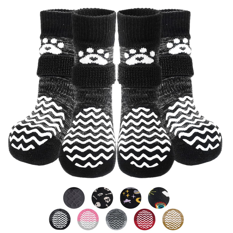 PUPTECK Anti Slip Dog Socks 2 Pairs with Double Grippers for Hardwood Floors, Shoes for Hot/Cold Pavement, Boots & Paws Protectors to Prevent Licking, Traction Booties for Senior Small Large Dogs Medium(2 Pair) Black(Wave) - PawsPlanet Australia