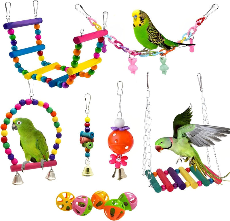 Bird Toys Parakeet Cage Accessories: 11pcs Bird Toy Swing Set for Bird Cage - Colorful Natural Toys Suitable for Parrot Cockatiel Budgie Conure Mynah Lovebird - PawsPlanet Australia