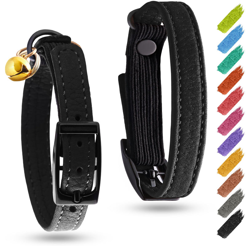 Leather Cat Collar with Bell and Safety Elastic Strap Breakaway Alternative for Small & Large Kittens, Stylish Pet Leather Collar for Boy, Girl Cats with Metal Buckle & QR ID Tag (Black) 8" - 12" Black - PawsPlanet Australia