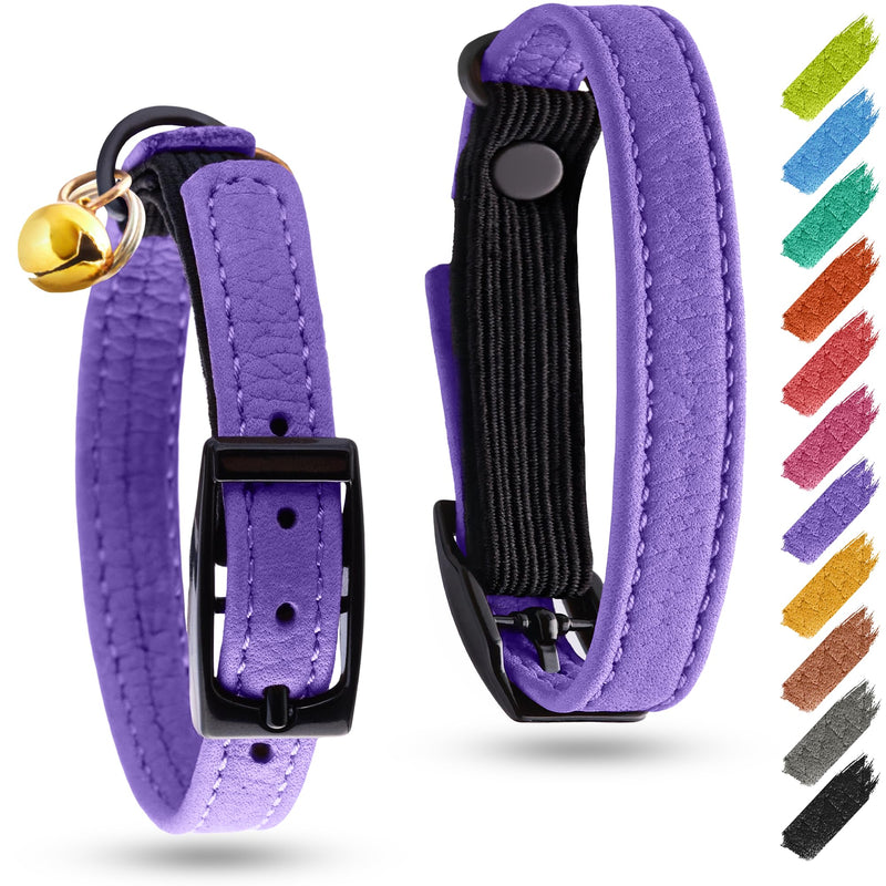 Leather Cat Collar with Bell and Safety Elastic Strap Breakaway Alternative for Small & Large Kittens, Stylish Pet Leather Collar for Boy, Girl Cats with Metal Buckle & QR ID Tag (Purple) 6" - 8" Purple - PawsPlanet Australia