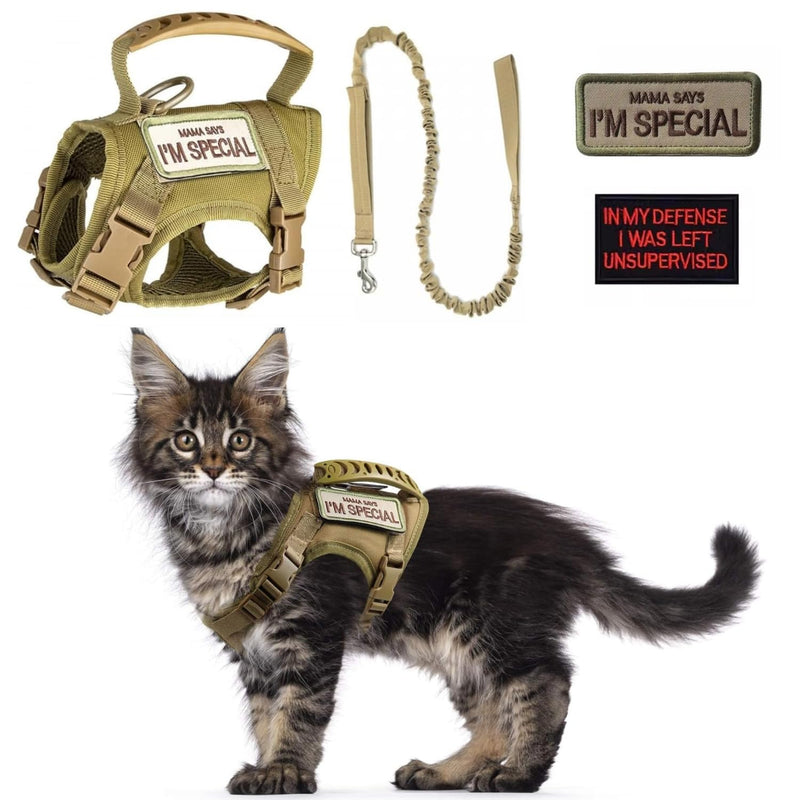 Tactical Cat Harness and Leash Set for Walking Escape Proof Adjustable Large Cat Vest Harness with Patches Soft Mesh Padding Rubber Handle Easy to Control (Khaki Harness & Leash) Khaki Harness & Leash - PawsPlanet Australia