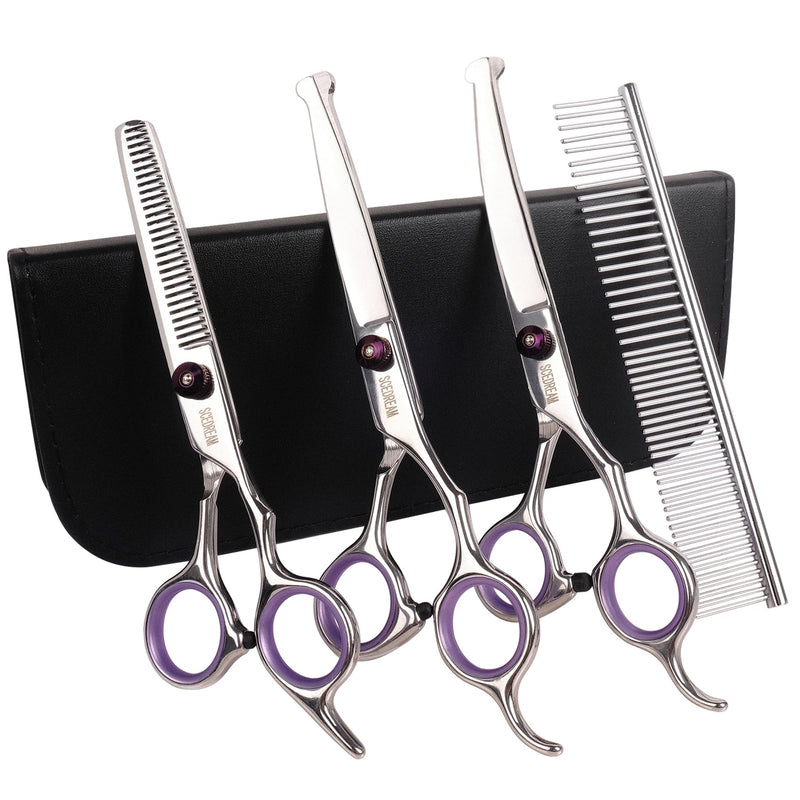 Professional Dog Scissors with Safety Round Tips, 5 in 1 Dog Scissors Kit, 4CR Stainless Steel Pet Grooming Shears, Sharp and Durable, Blue Purple 5 in 1 - PawsPlanet Australia