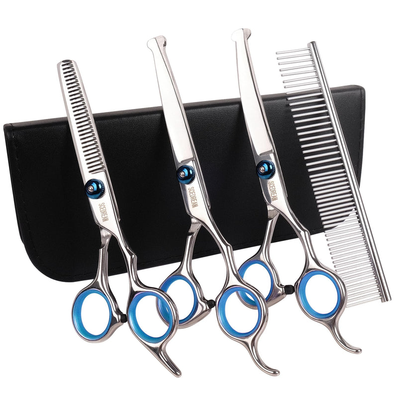 Professional Dog Grooming Scissors with Safety Round Tips, 5 in 1 Dog Grooming Scissors Kit, 4CR Stainless Steel Professional Pet Grooming Shears for Dog, Sharp and Durable, Blue Blue 5 in 1 - PawsPlanet Australia