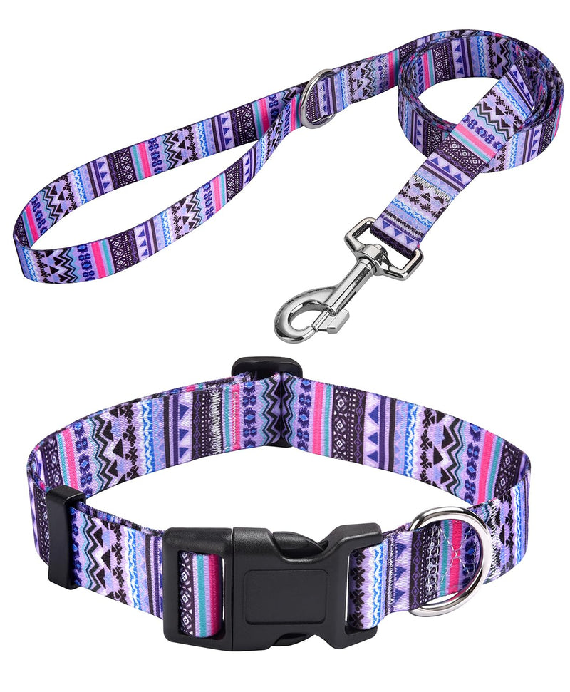 Dog Collar and Leash Set, Adjustable for Small Medium Large Dogs Puppy, Cute Design with Bohemia Floral Tribal Geometric Patterns Boys Girls Dog Collar(Purple Bohemia Set,M) M (Neck 12.9-21.6", Width 3/4") Set Purple Bohemia - PawsPlanet Australia