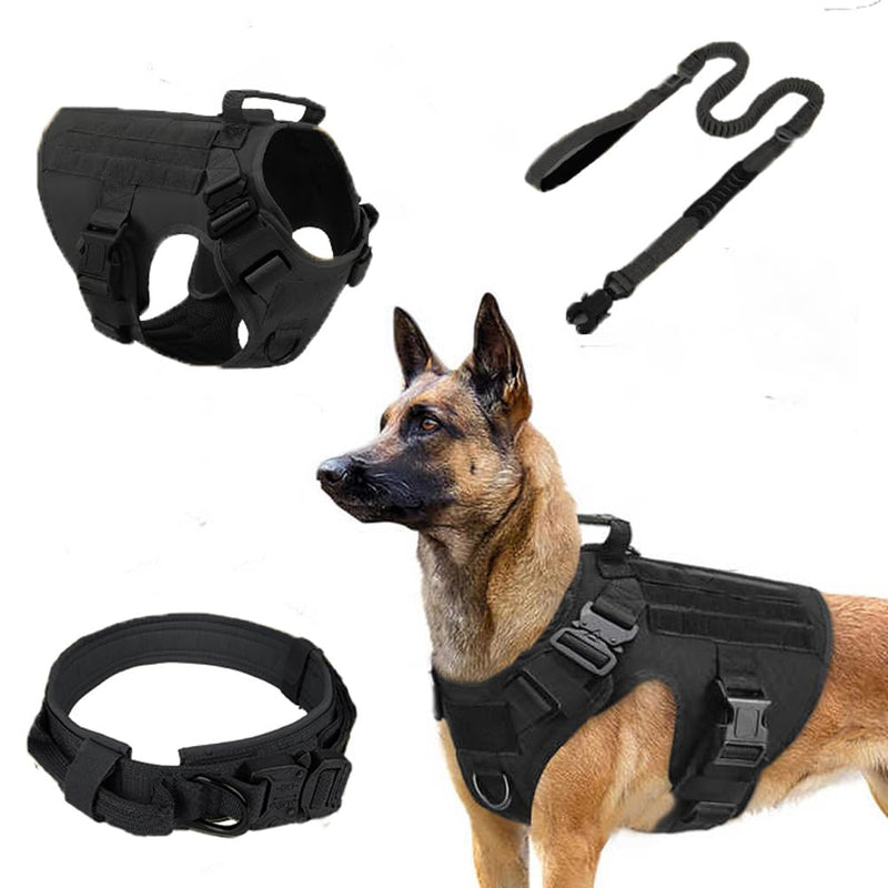 Tactical Dog Harness with Handle, Collar & Leash Set – No Pull Dog Vest with Adjustable Buckles, Reflective Patches & Heavy-Duty Nylon for Medium Dogs (Black) Black - PawsPlanet Australia