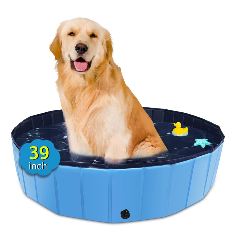 Foldable Dog Pool, 39" x 12" Kiddie Pool with Hard Plastic, Non-Slip Dog Bath Tub for Outdoor Backyard, Collapsible Dog Swimming Pool for Kids Dogs Pets (Blue) Blue 39" - PawsPlanet Australia