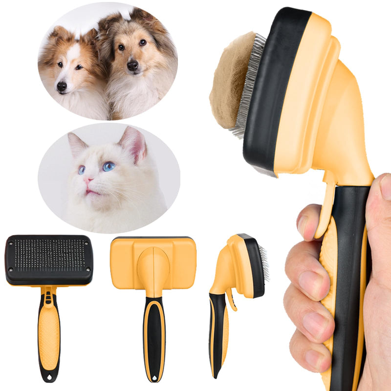Self cleaning slicker brush for dogs and cats, skin-friendly grooming cat brush, easy-to-clean dog hair brush, depilatory brush, hair brush puppy brush, pet cleaning accessories (Yellow) Yellow - PawsPlanet Australia