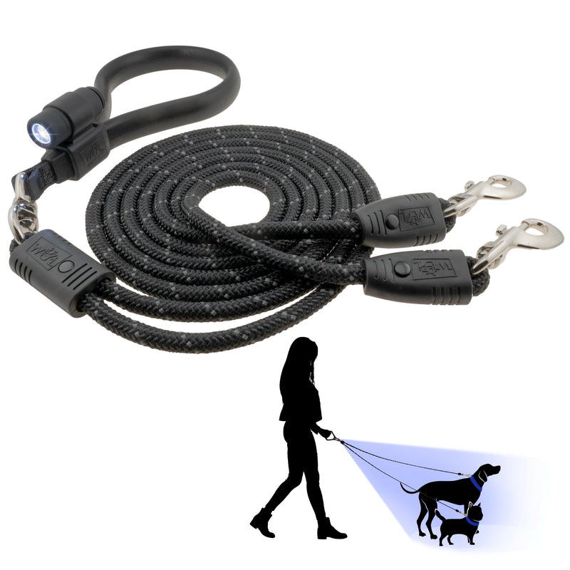 Wigzi - 2025 Edition -Dual Doggie Flex Walk with LED Two Dog Leash. 360 Degree no Tangle, Thick Durable Reflective Ropes, Silicone Extra Soft Comfort Handle, 6ft, Color Black, 5lbs-175 lbs Dogs OK - PawsPlanet Australia