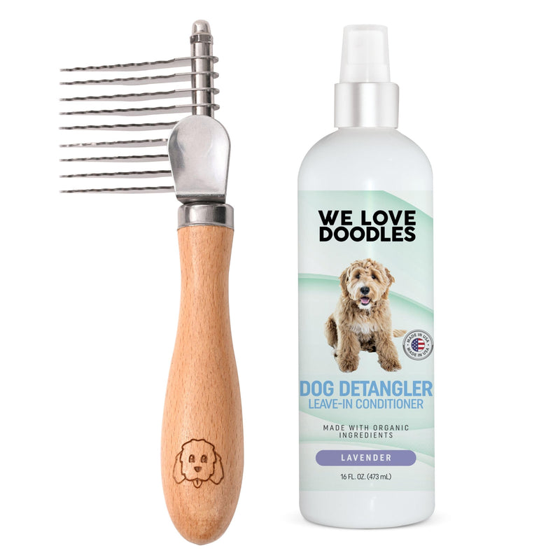We Love Doodles Dog Dematting Brush & Rake, Hair Brush for Dogs, Made in the USA & Detangler Spray - Stainless Steel Blades, No Pulling, All Hair Types, Promotes Circulation, All Breeds, Ages