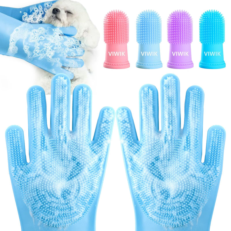 Dog Bath Gloves with 4Pack Dog Toothbrush, Dog Grooming Kit, Dog Finger Toothbrush for Small Breed, Medium Large Dogs, Silicone Dog washing Gloves with High-Density Teeth, Pet Grooming Gloves Blue - PawsPlanet Australia