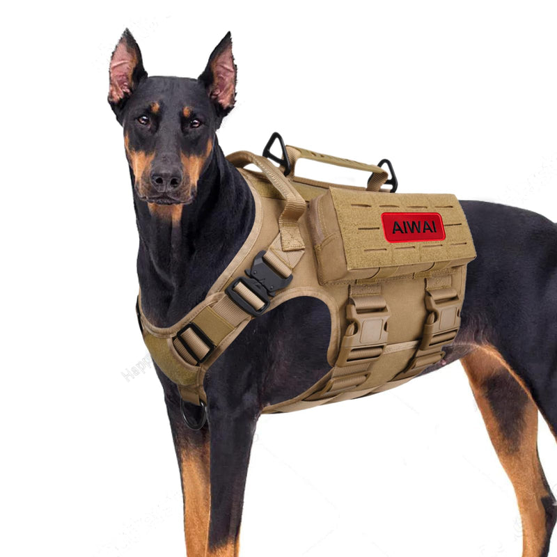 AIWAI Tactical Dog Harness with Handle for Large Dogs,2X Metal Buckle, Dog MOLLE Vest with Pockets,No Pull Adjustable Pet Harness, Easy Control Dog Vest Harness for Working Training (Khaki, XL) Khaki - PawsPlanet Australia