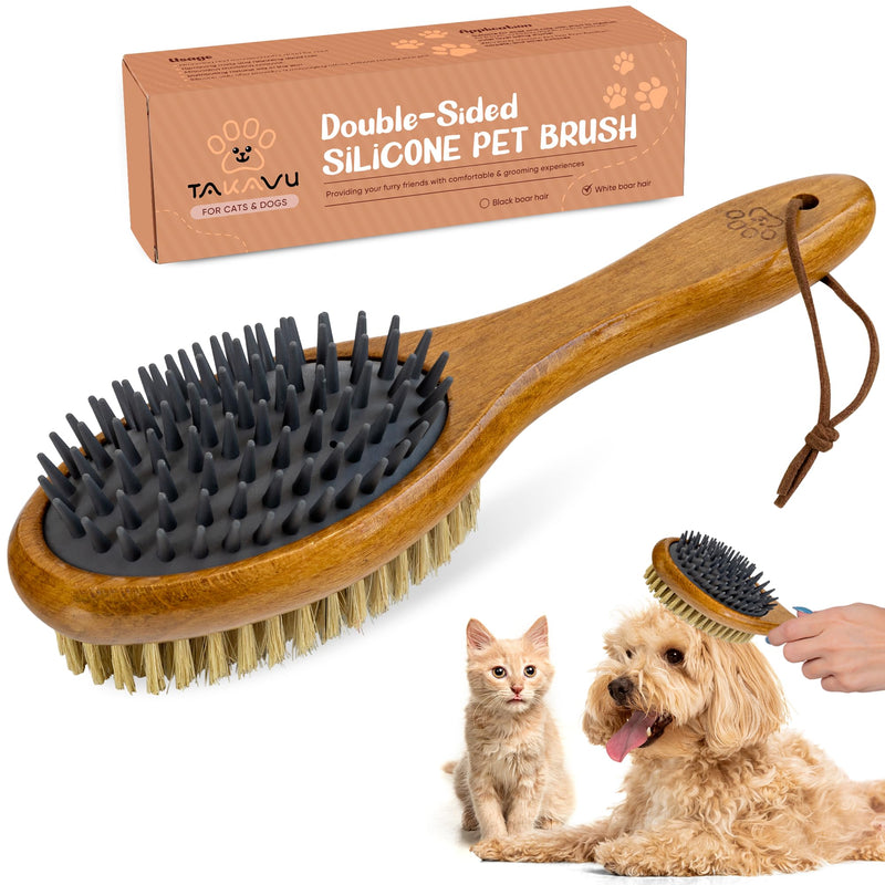 TAKAVU Short Hair Dog Cat Brush, Double-Sided Silicone & Bristle Pet Grooming Brush for Removing Dirt & Loose Hair, Coats Detangling Deshedding, Massage Pet Skin, Wood Handle Pet Comb White Boar Bristle & Silicone Brush - PawsPlanet Australia