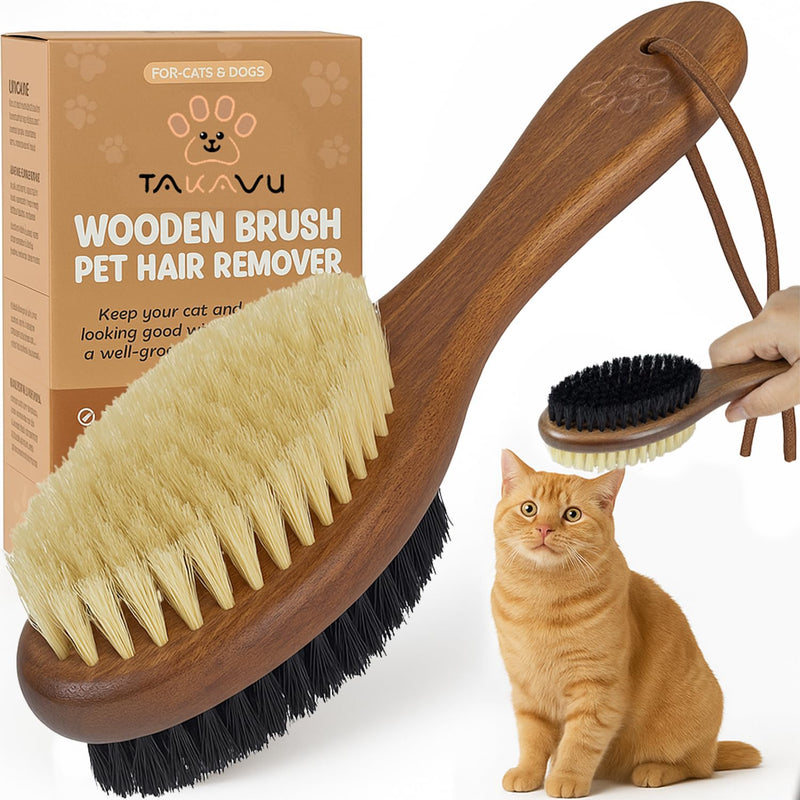 Takavu Double-Sided Boar Bristle Cat Brush - Natural Grooming Tool for Gentle Cleaning, Shine & Reduced Loose Hair - Wood Handle Pet Brush Double Side Brush - PawsPlanet Australia