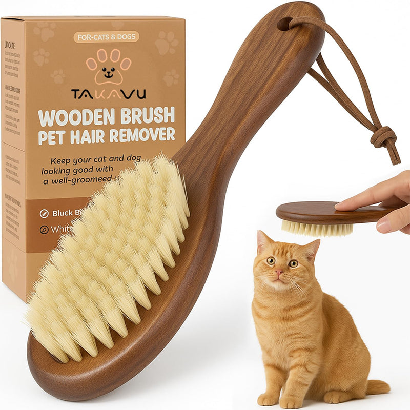 Takavu Natural White Boar Bristle Cat Brush - Gentle Grooming Tool for Sensitive Skin, Smoothing Fur & Healthy Shine - Soft Pet Brush - PawsPlanet Australia