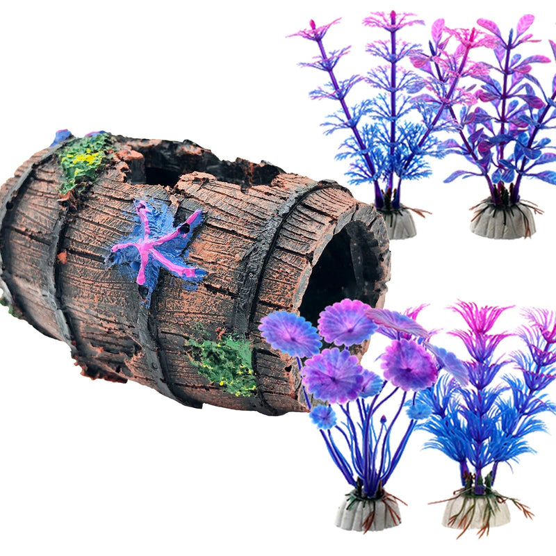 Faeshoo Fish Tank Decoration Betta Fish Tank Decorations Accessories for Aquarium Tank, Starfish Barrel x 1pc, Aquatic Plants x 4pcs - PawsPlanet Australia