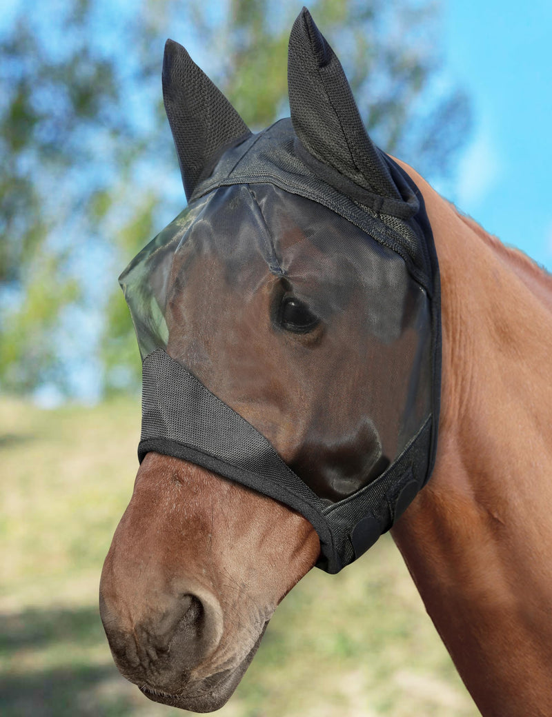 Horse Fly Mask Half Face with Ears, Full Face UV Protection for Horses, Breathable Fine Mesh Equine Fly Mask, M - Cob Medium Black - PawsPlanet Australia