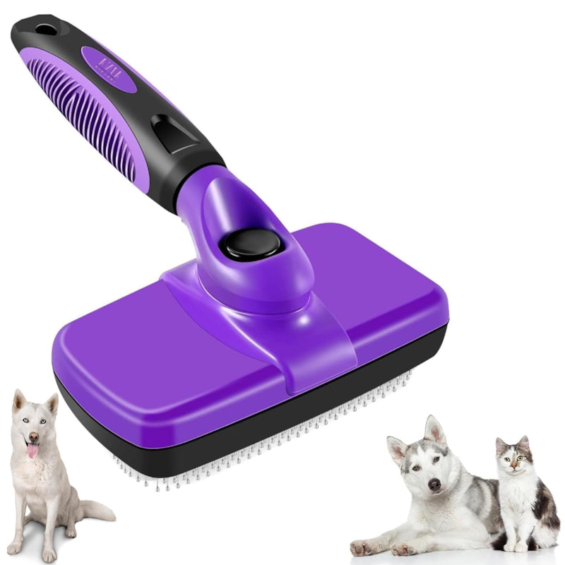 AINA Self-Cleaning Pet Grooming Brush | Pet Slicker Brush for Dogs & Cats Detangling & Fur Removal with Click Clean Button | Effective & Comfortable Pet Deshedding Brush, Perfect for Pet Grooming Large Purple - PawsPlanet Australia