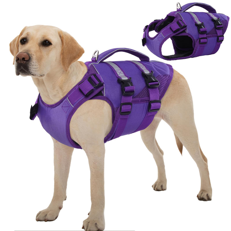 Kuoser Dog Life Jacket, High Flotation Dog Life Vest for Swimming Boating, Adjustable Ripstop Dog Lifesaver for Small Medium and Large Dogs, Reflective Safety Pet Life Preserver with Rescue Handle X-Large (Chest Girth:25.98-33.46'') Purple - PawsPlanet Australia