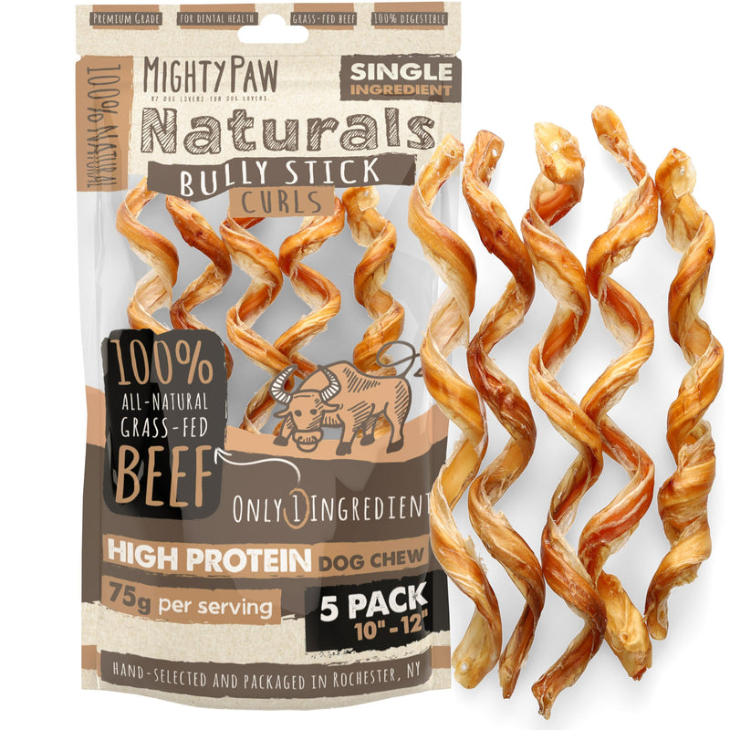 Mighty Paw Naturals Curly Bully Sticks for Dogs - Grass Fed Beef Dog Chews. Bully Sticks for Large Pets, Medium, Small Breeds. Lower Odor Treats for Small Pets. Single Ingredient 12”, 5 Pack 12" Curls - 5 Pack