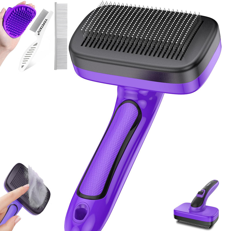 Dog Brush for Shedding, Self-Cleaning Slicker, 4 PCS Kit with Bath Brush, Flea & Steel Combs, Ideal for Short & Long Haired Pets, Removes Mats, Tangles, Fur, Gentle on Skin. Purple Purple 4 in 1 - PawsPlanet Australia