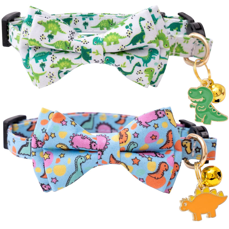 Faygarsle 2 Pack Cat collar with Bell Breakaway Bowtie for Male Female Cats Soft Fancy Blue Green Dinosaurs Pattern Spring Summer Cat Collar for Boy Girl Cats - PawsPlanet Australia