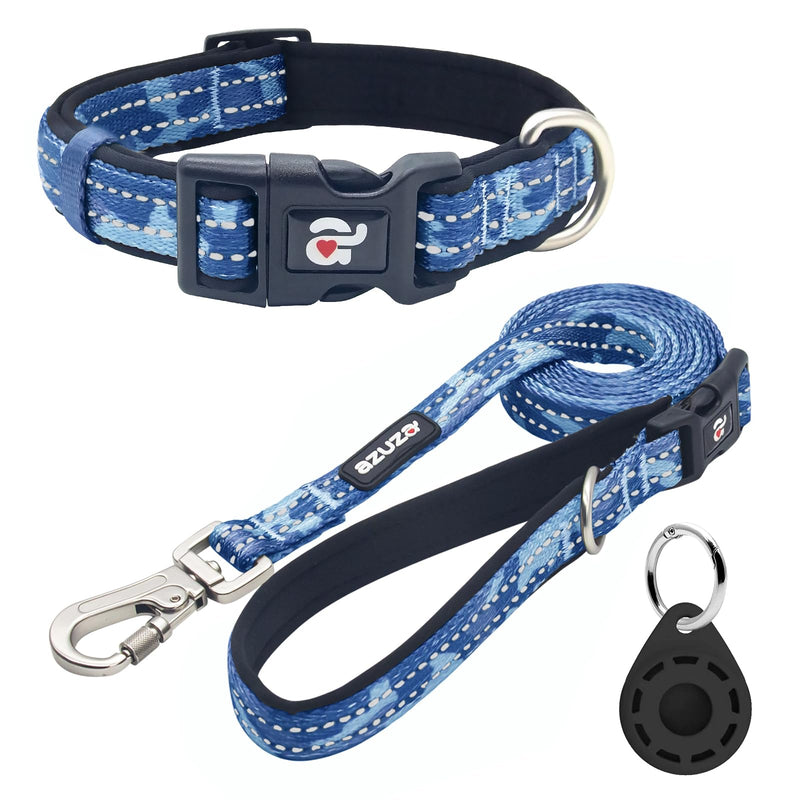 azuza Reflective Dog Collar and Leash Set with Airtag Holder, Blue Camo Padded Collar with Matching Clip Handle Leash for Small Dogs S (Neck: 11"-16") 1#Blue(Upgraded version) - PawsPlanet Australia