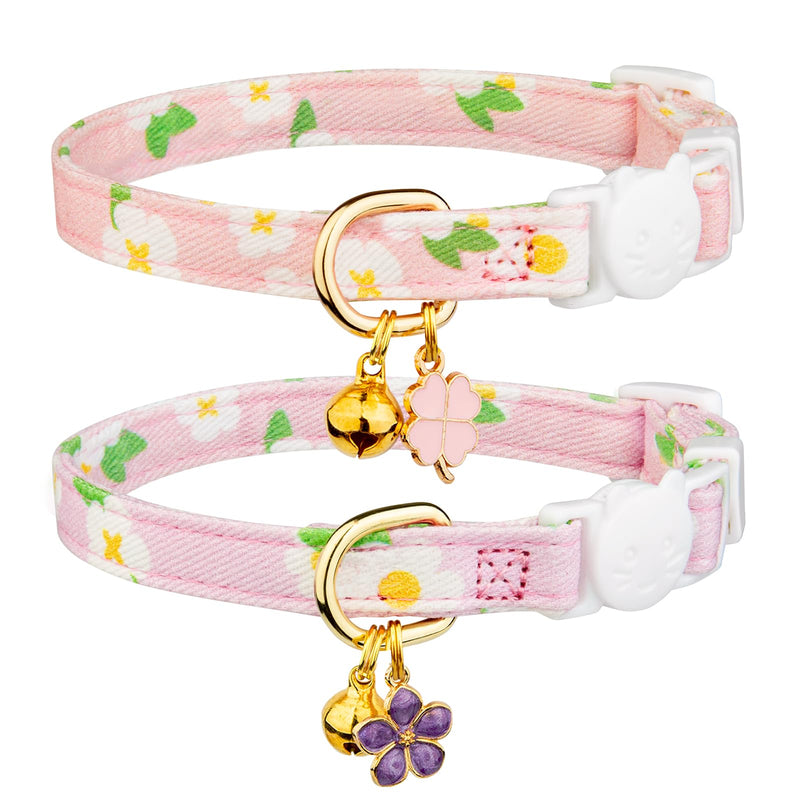 2 Pack Cotton Breakaway Cat Collar,Purple&Pink Flowers Pendant Kitten Collar Cute Cat Collar with Bell,Ideal for Girl Cats Boy Cats Purple&Pink - PawsPlanet Australia
