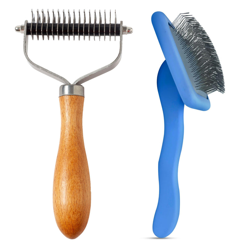 We Love Doodles Pet Dematting Comb and Curved Grooming Slicker Brush Bundle - Deshedding Undercoat Rake, Comb for Detangling Thinning and Shedding, Slicker Brush for All Hair Types - PawsPlanet Australia