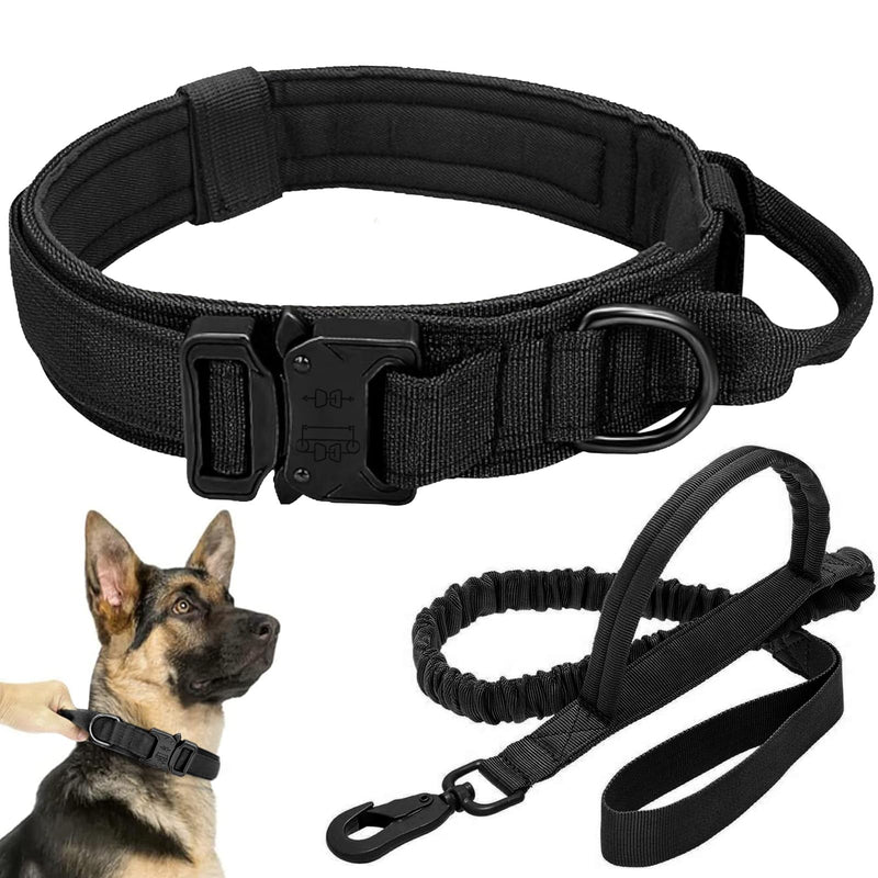 Tactical Dog Collar Leash Set, Adjustable Military Training Nylon Collar Dog Training with Control Handleand Metal Buckle, Dog Collar for Medium Large Dogs (Black,L) L Black Set (collar+leash) - PawsPlanet Australia